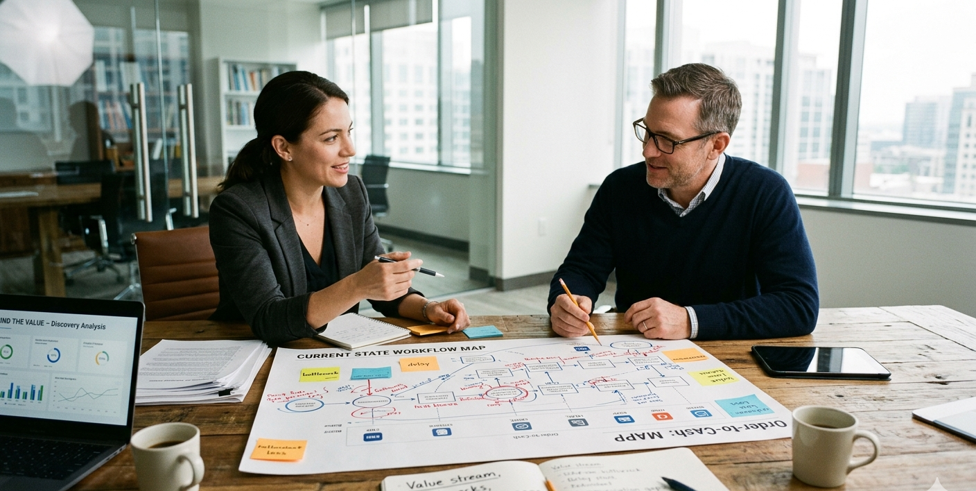 Consultants reviewing a workflow map and value analysis materials